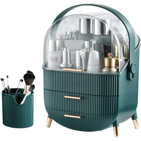 Clear Makeup Organizer Box with Makeup Brush Holder with 2 Drawers, Green/Clear