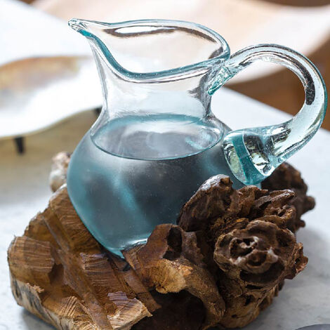 CLEAR - Pichet en Verre Soufflé sur Socle en Teck Brut - Hauteur 20cm - Pièce Unique - Transparent