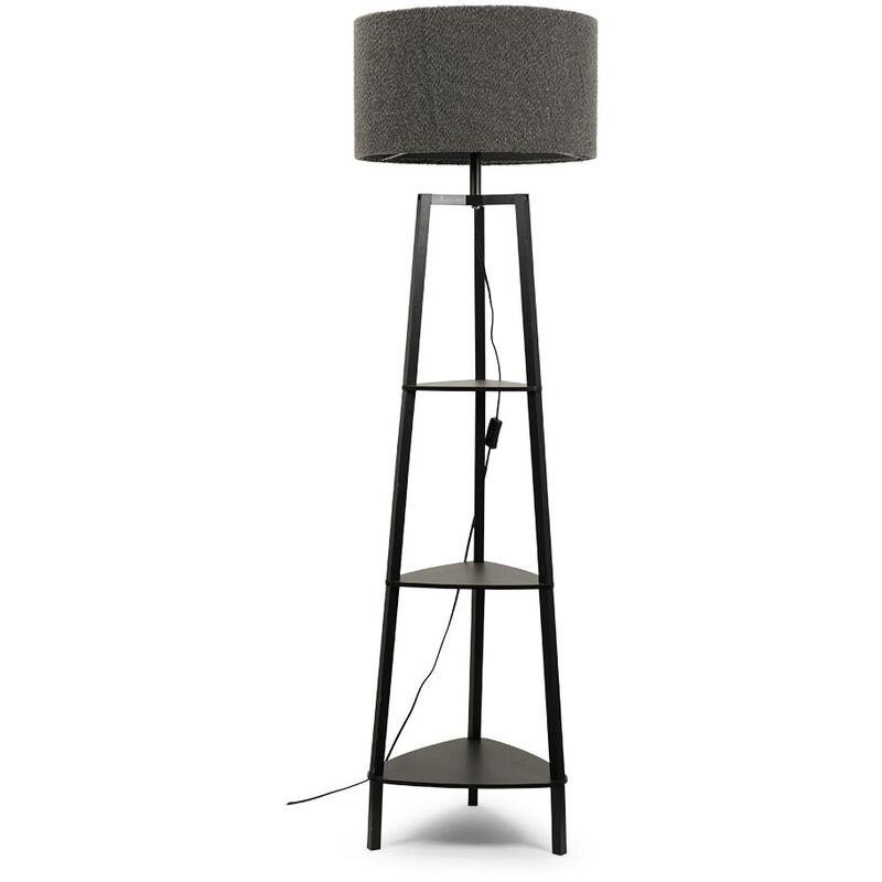 Wooden Floor Lamp 3 Tier Shelf Light Large Boucle Lampshade Living Room Lighting - Charcoal - No Bulb