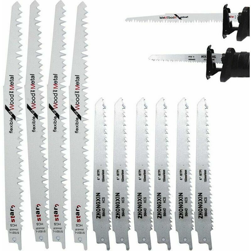 Gotrays - Clearance 10-Piece High Carbon Steel Reciprocating Saw Blades, 4 x R1021L (240mm) + 6 x R644D (150mm), For Wood Cutting, For Makita Bosch