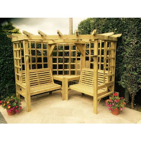 Clementine Corner Arbour- 4 Seat Garden Arbour, Wooden pergola seat, pressure treated timber pergola with two benches and coffee table, outdoor seating area includes FREE SET OF GREEN CUSHIONS