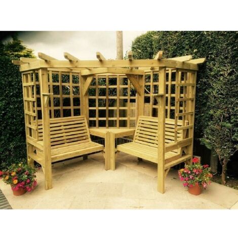 Clementine Corner Garden Arbour - 4 Seat, 2 Bench & Coffee Table - L150 x W290 x H205 cm - Set of Waterproof Cushions Included