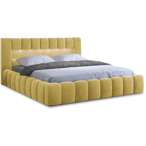 Cleo - lit coffre avec led - 160x200 cm - sommier inclus - en velours - jaune