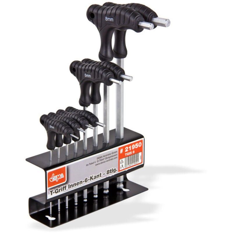 Dema - Clés 6 pans mâles poignées en t support métal outillage - 8 pièces
