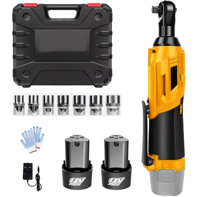 Clés à chocs, Jeu de clés à cliquet électriques sans fil, 420 Nm, Clé à cliquet sans fil 12 v 3/8' avec chargeur, 7 douilles, Lot de 2 batteries