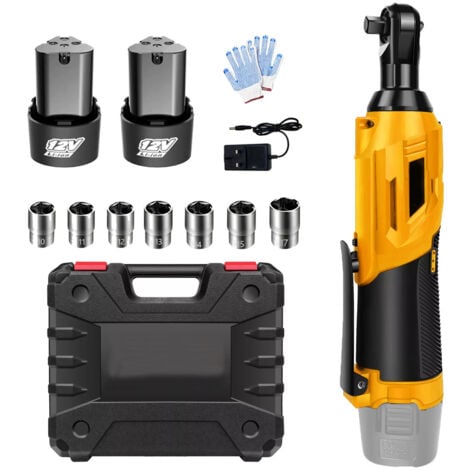 MAWIRON Clés à cliquet, 420 Nm sans fil à cliquet droit 3/8'' 90 Angle Clé électrique Outil électrique, avec 2x 3.0A Batterie + Chargeur, 7 Douilles , 1x Étui de transport, pour réparation automobile