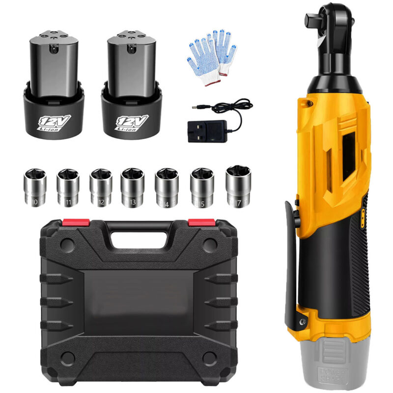 Clés à cliquet, 420 Nm sans fil à cliquet droit 3/8'' 90 Angle Clé électrique Outil électrique, avec 2x 3.0A Batterie + Chargeur, 7 Douilles , 1x