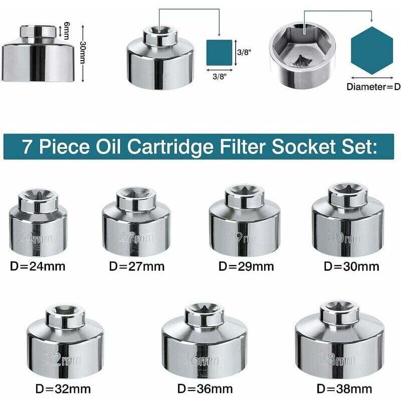 Clés à Filtre à Huile Lot de 7 - Compatibles avec BMW, Mercedes, VW (Capuchon 24mm-38mm)