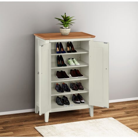 main image of "Clifton Oak Off White Painted Hallway Large Shoe Storage Cabinet in Lacquered Finish | Wooden Cupboard / Organiser"