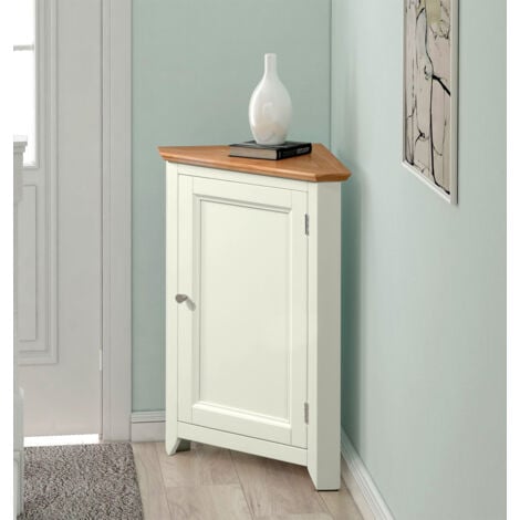 Clifton Oak Off White Painted Small Corner Storage Cupboard | Cream Wooden Low Hallway Cabinet with Shelf