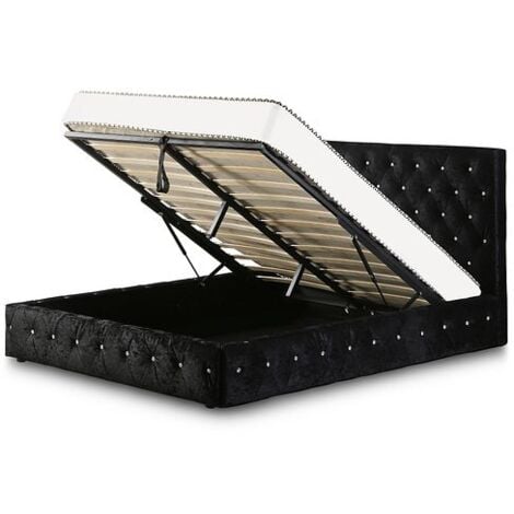 Clifton Ottoman Storage Bed, Crushed Velvet in Black, Multiple Sizes - 4FT6 Double