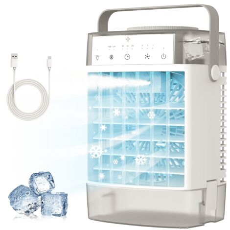 Climatiseur 4 en 1, petit ventilateur portable avec réservoir d'eau de 1 000 ml, minuterie, 3 brumisateurs, 7 modes d'éclairage, chargement USB