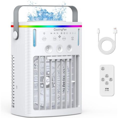 Climatiseur 4 en 1, petit ventilateur portable avec réservoir d'eau de 1 000 ml, minuterie, 3 brumisateurs, 7 modes d'éclairage, chargement USB