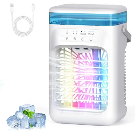 Climatiseur Mobile 1000 ml, Refroidisseur d'air 4 en 1, Climatiseur Portable avec 3 Vitesses, Veilleuse 7 Couleurs, Minuteur 2-4H, Ventilateur Brumisateur pour Chambre à Coucher, Bureau, Salon [Classe