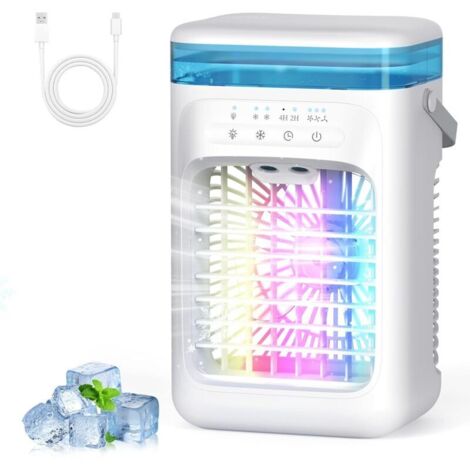 Climatiseur Mobile 1000 ml, Refroidisseur d'air 4 en 1, Climatiseur Portable avec 3 Vitesses, Veilleuse 7 Couleurs, Minuteur 2-4H, Ventilateur Brumisateur pour Chambre à Coucher, Bureau, Salon [Classe