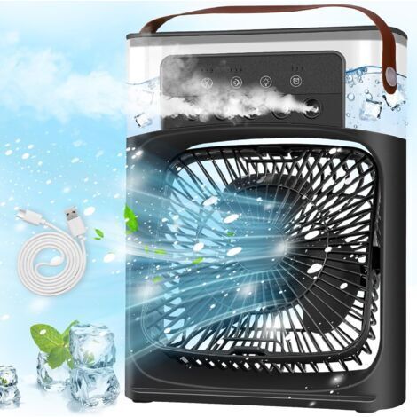 Climatiseur Mobile Portable, Mini Refroidisseur D'air, Mini Air Climatiseur Ventilateur, Air Cooler fan con 3 Velocità, Timer, 7 Lumières LED, Modes de Brumisation (Noir)
