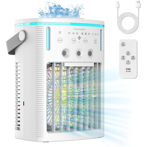Climatiseur portable 4 en 1, petit ventilateur avec réservoir d'eau de 1 000 ml, minuterie, 3 brumisateurs, 7 modes d'éclairage, chargement USB