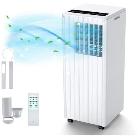 Climatiseur portable, 7000 BTU, refroidissement et déshumidification, fonctionnement silencieux, équipé d'une télécommande et d'un ventilateur.