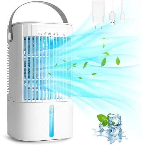 Climatiseur Portable, Climatiseur Mobile Silencieux, Refroidisseur D'air, avec 900ML Réservoir D'eau, 3 Vitesses, 7 Lumières LED, 2 Modes de Pulvérisation, Minuterie 2/4H, pour Maison, Bureau