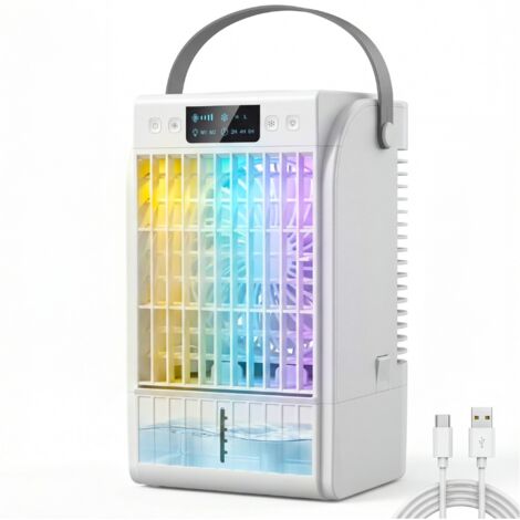 Climatiseur portable mini rafraîchisseur d'air 4 en 1, 4 vitesses, 2 modes brumisation, éclairage LED RGB, blanc