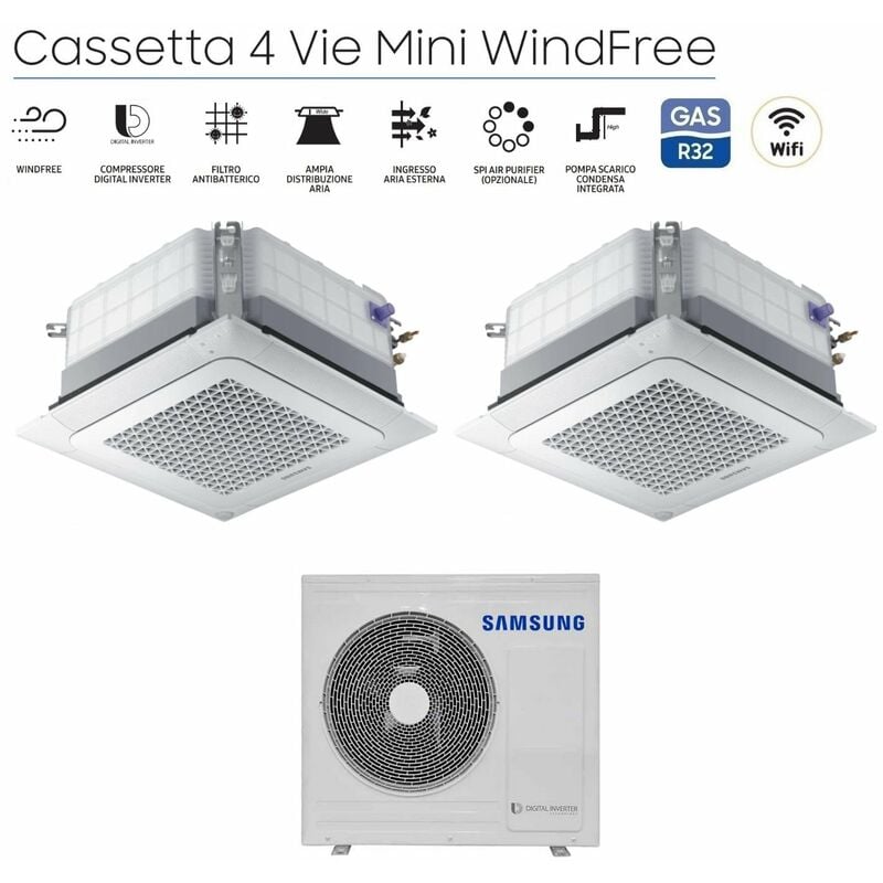 Samsung - Climatiseur Dual Split rèversible Cassette 4 voies Mini Windfree 12+18 avec AJ068TXJ3KG/EU R-32 12000+18000 Wi-Fi En option avec grille