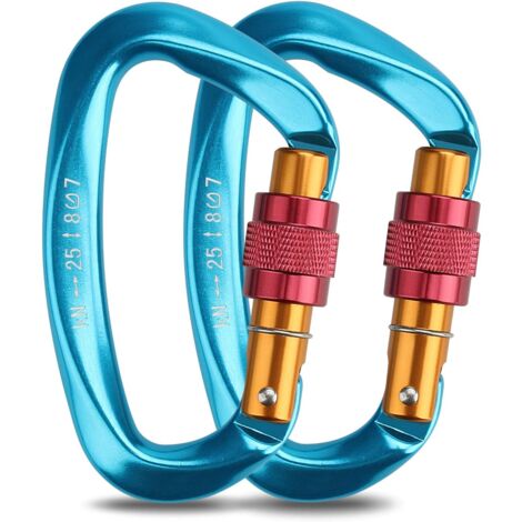 Climbing Carabiner, 2 Pack Self Locking Carabiner Aluminum Stainless Steel D Ring Carabiner for Climbing and Rappelling, Dog Lock, Hammock Swing, Tent, Large Size, Blue