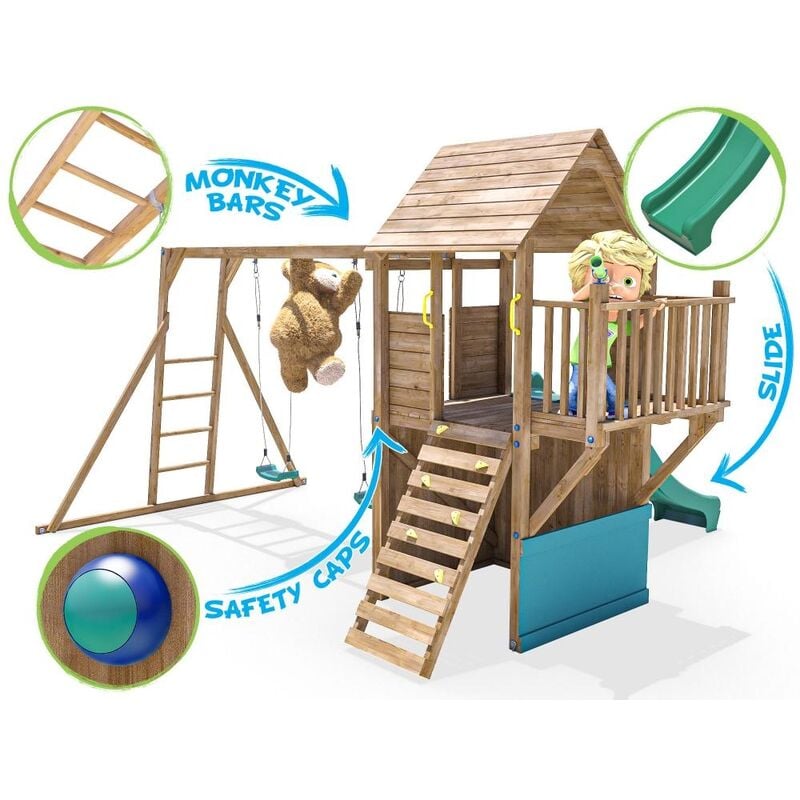 Climbing Frame Balconyfort Searcher Wooden Playhouse Childrens Outdoor Play Tower Monkey Bar Swing Set Club House