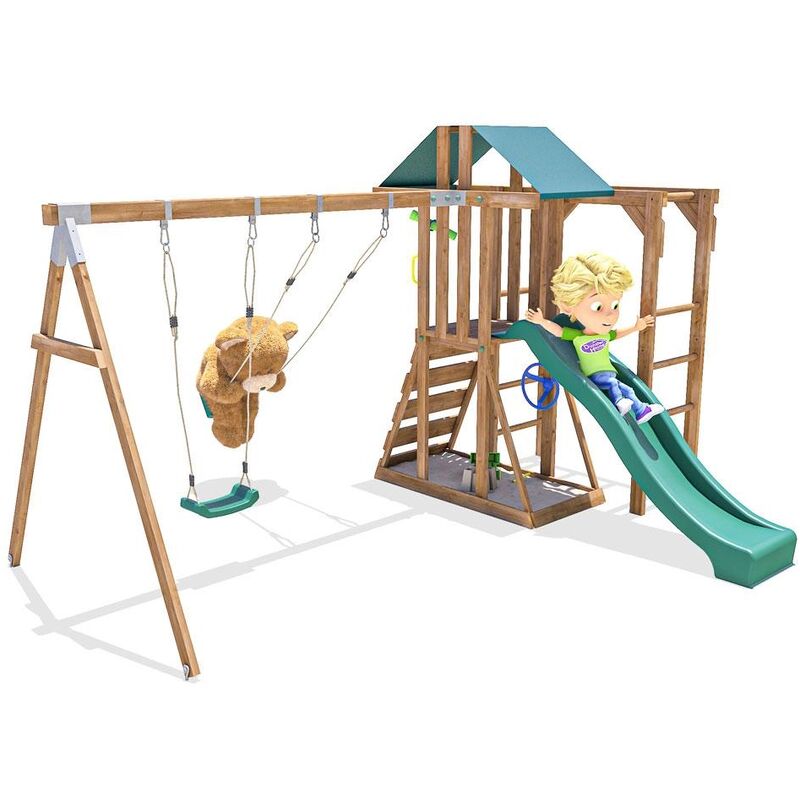 swing and slide wooden playset