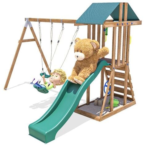main image of "Climbing Frame JuniorFort Tower - Childrens Wooden Playset with swings and slide"