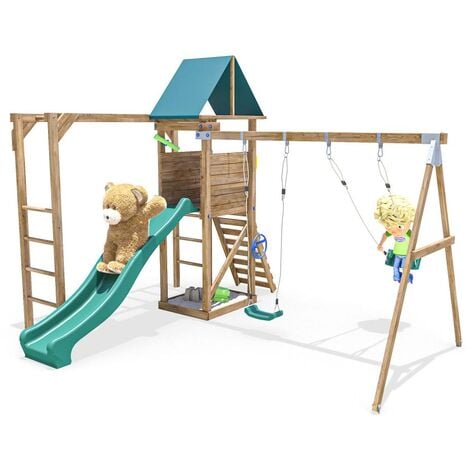 wooden climbing frame with monkey bars