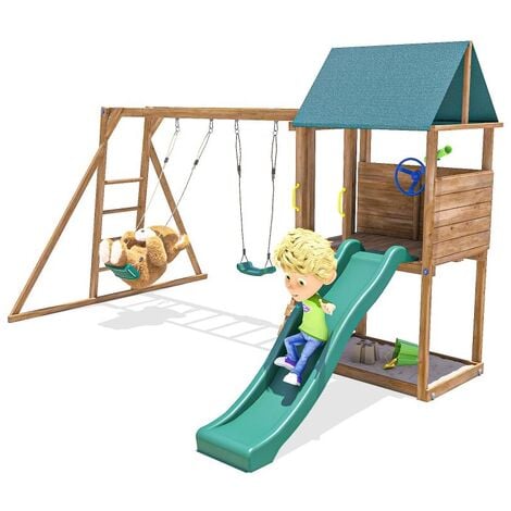 Climbing Frame SquirrelFort - Monkey Bars with Playhouse and Slide Swing Set Wooden