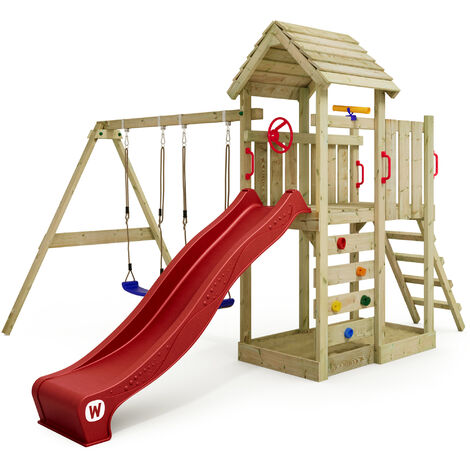 Climbing frame WICKEY MultiFlyer with wooden roof, swing and slide