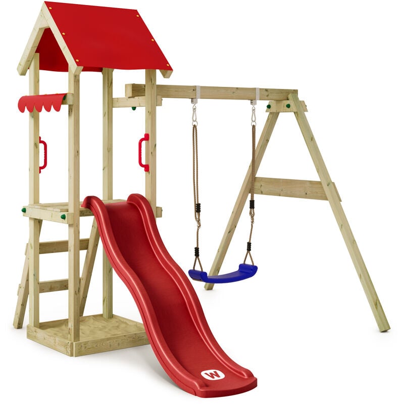 Wooden climbing frame TinyWave with swing set and slide, Garden playhouse with sandpit, climbing ladder & play-accessories - red - Wickey