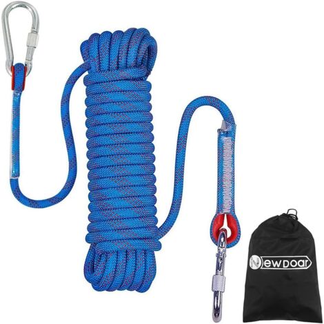 Climbing Rope 15m,8mm , High Strength Accessory Cord Rope with 2 Steel Hooks, for Outdoor Rescue Rappelling Rope Down Cliffs ledges Safety Escape Tow Strap Equipment(Blue)