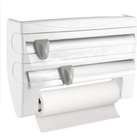 Cling Film Dispenser and Cutter Kitchen Roll Holder Wall Mounted Plastic Wrap Tin Foil Dispenser and Cutter with Cutting Machine and Tissue Holder Easy to Install Fit 30.5CM White 38 x 24 x 7CM