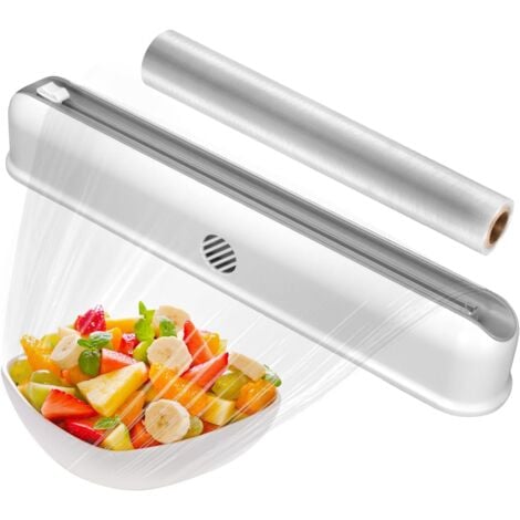 Cling Film Dispenser and Cutter, Magnetic Tin Foil Dispenser Refillable Plastic Wrap Cutter with Suction Cup for Kitchen Home Restaurant, 1 Cling Film Roll Included (White)