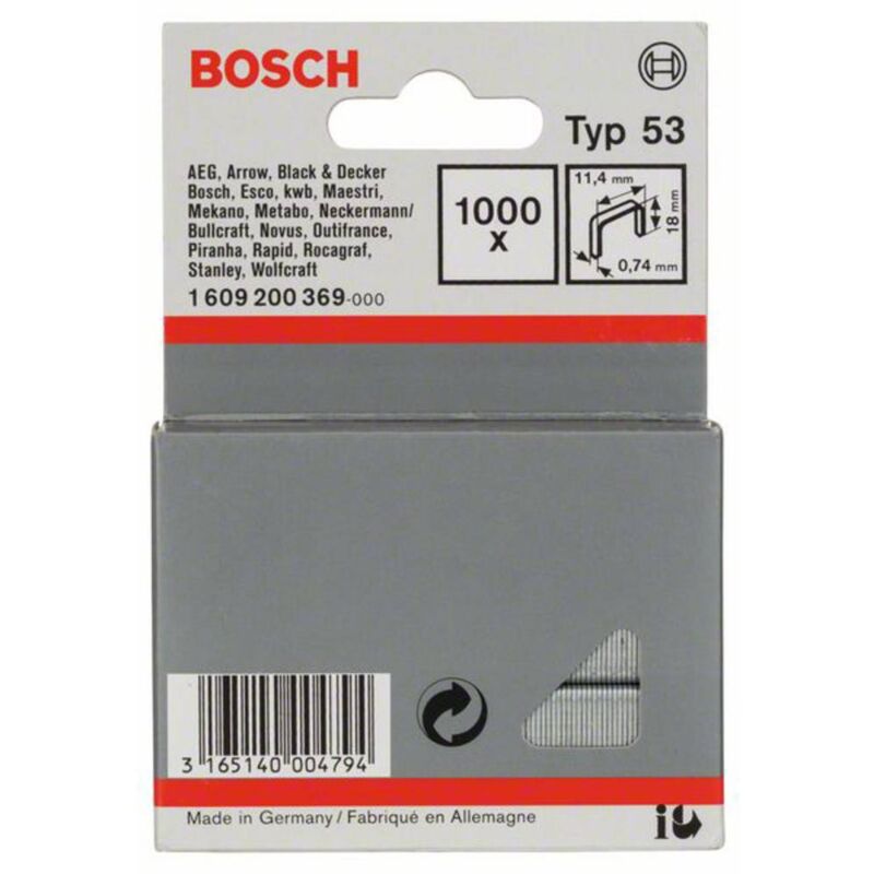 Image of Bosch - Graffe a filo fine tipo 53 - 11,4 x 0,74 x 18 mm 1000 pz. Accessories 1609200369 Dimensioni (l x a) 11.4 mm x 18