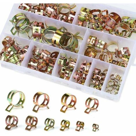 Clip à ressort tuyau collier serrage durite essence, 100 pièces Serre-joints à Tuyaux Colliers de Clip à Ressort Tuyau Serrage avec BoîTe de Rangement (6-22 mm, taille 10)