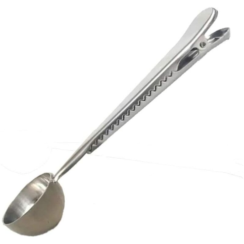 Clip De Acero Inoxidable En Cucharaditas, 2 En 1 Cucharaditas De Mango Largo, Cuchara Medidora De Granos De Té, (Plata)