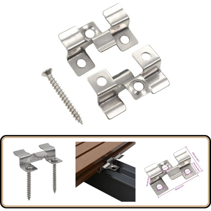 Clip de fixation de terrasse 100pcs et 200 vis Acier inoxydable - Clips De Terrasse - Fixations Terrasse Composite - Inox - Vis Terrasse - Système De