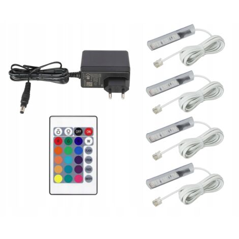 Clip LED RGB de 4 puntos para estante de vidrio SET COMPLETO Cable blanco