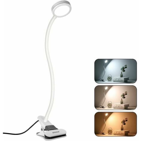 Clip-Light Lampe de bureau LED Pince Lit Table Lecture Réglage de la luminosité Soins des yeux Bureau Maison 360° Flexible avec câble USB et adaptat Blanc