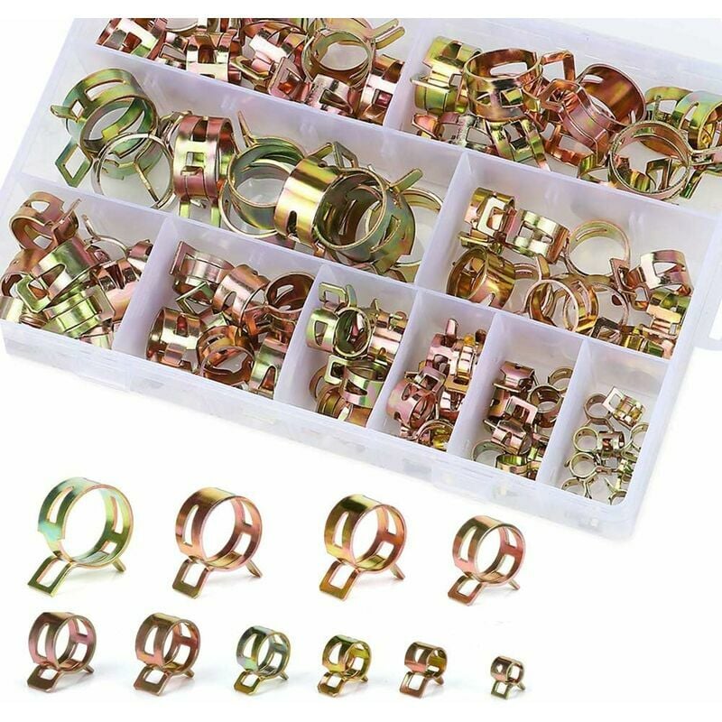 Clip à ressort tuyau collier serrage durite essence, 100 pièces Serre-joints à Tuyaux Colliers de Clip à Ressort Tuyau Serrage avec BoîTe de