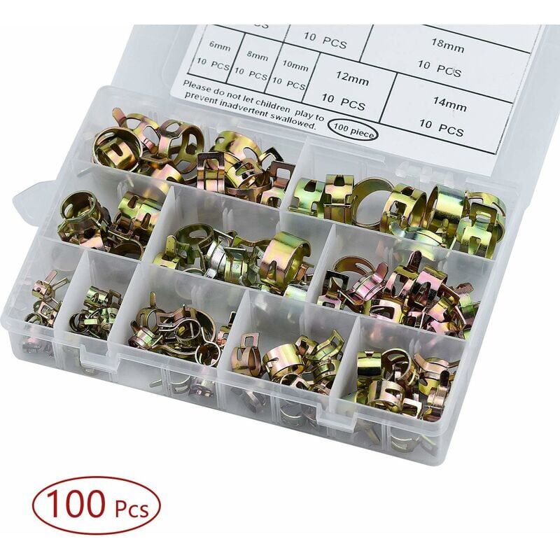 Lucky-88 - Clip à Ressort Tuyau Serre-Joints 100 pcs Collier Durite Essence 6-17mm Collier de Serrage Ajustable 5 Sortes de Tailles pour Fixer Tuyaux