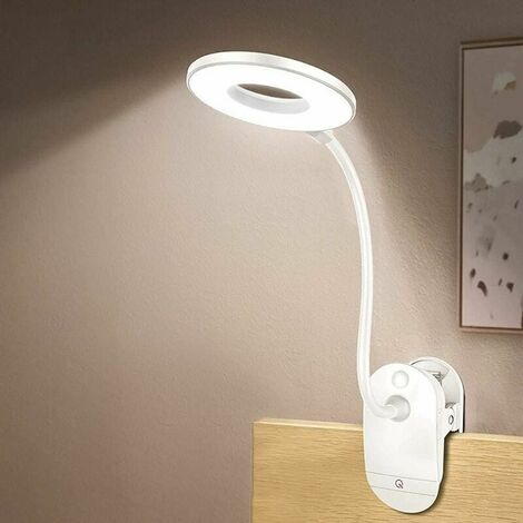 Clip sur la lampe, lampe de lecture alimentée par batterie, clip sur la lumière pour le lit Clip sur la lumière de la batterie avec 3 niveaux de luminosité, rechargeable par USB, lampe de lecture