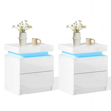 CLIPOP 2 Drawers Bedside Table, White High Gloss Front Bedside Table with LED Lights and Top Storage Cabinet, Modern Nightstand Cabinet for Bedroom Living room