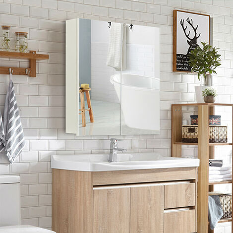 Clipop – Armoire murale de salle de bain avec miroir – 50x13x60cm – 2 étagères réglables – MDF blanc pour rangement optimisé