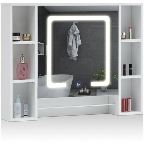 Clipop – Armoire murale de salle de bain avec miroir HD et éclairage LED – 90x15x70cm – 6 rangements ouverts et porte-serviettes – MDF imperméable