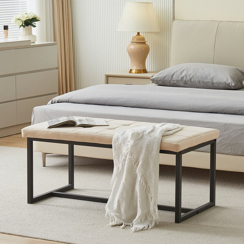 Banc de salle à manger rembourré en velours avec cadre en métal pour cuisine, chambre à coucher, salon, couloir, Beige - Clipop