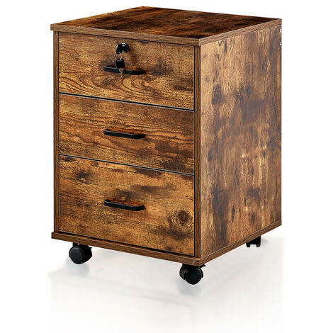 Clipop – Caisson de rangement mobile 3 tiroirs – Verrouillable avec 4 roulettes – Pour documents A4 – MDF résistant à l'eau – Style industriel marron